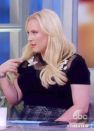 Meghan’s black embroidered floral top on The View