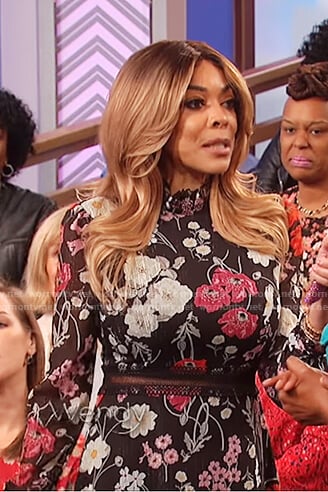 Wendy's black floral print lace insert dress on The Wendy Williams Show