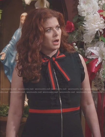 Grace’s black ruffle bow neck dress on Will and Grace