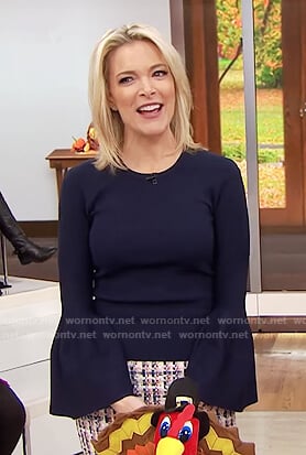 Megyn’s navy bell sleeve top and tweed skirt on Megyn Kelly Today