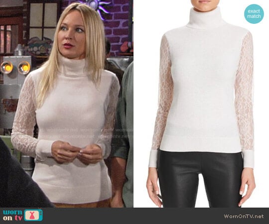 C by Bloomingdales Lace Sleeve Turtleneck Cashmere Sweater  worn by Sharon Newman (Sharon Case) on The Young and the Restless