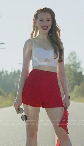 Cheryl's white bustier top and red shorts on Riverdale