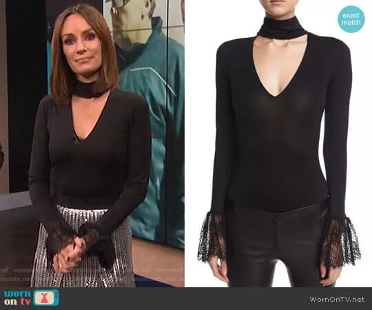 'Elara' Choker-Collar Lace-Cuffs Bodysuit by Cinq a Sept worn by Catt Sadler on E! News