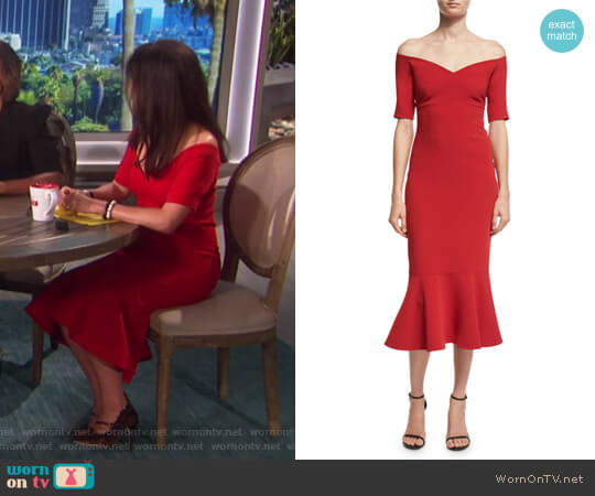 Marta Off-the-Shoulder Peplum-Hem Midi Dress by Cinq a Sept worn by Julie Chen on The Talk