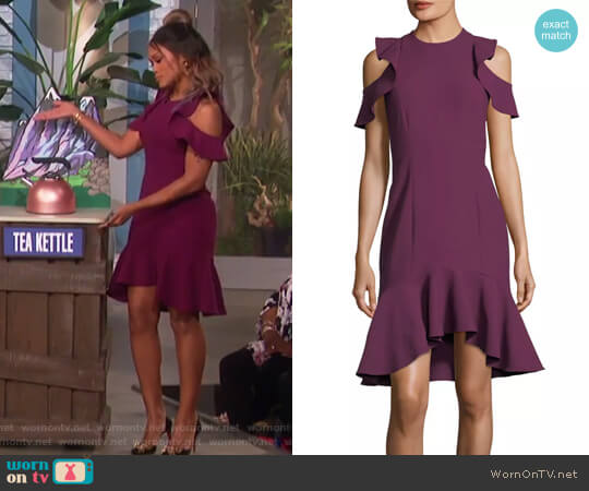 Micah Jewel-Neck Sheath Crepe Cocktail Dress w/ Ruffled Hem by Cinq a Sept worn by Eve on The Talk