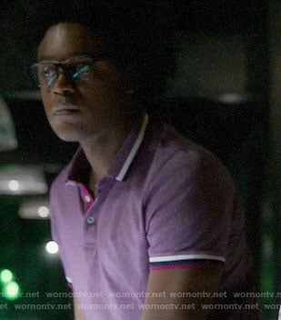 Curtis’s purple polo shirt with pink trim on Arrow