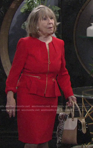 Dina's red peplum jacket with gold zips on The Young and the Restless