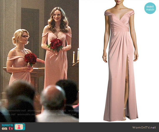 Faviana Off-the-Shoulder Column Faille Satin Evening Gown worn by Caitlin and Felicity on Supergirl