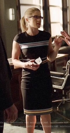 Felicity’s black dress with multi-colored stripes on Arrow