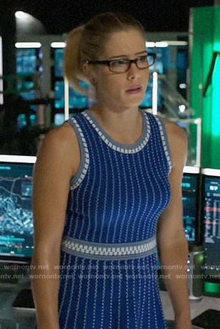 Felicity's blue textured stripe dress on Arrow