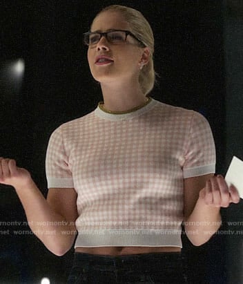 Felicity’s pink gingham check cropped top on Arrow