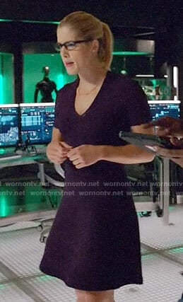 Felicity's purple v-neck dress on Arrow