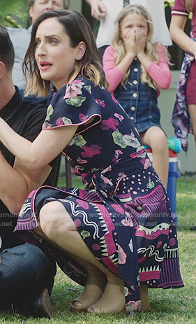 Jen's navy floral print flare dress on Life in Pieces