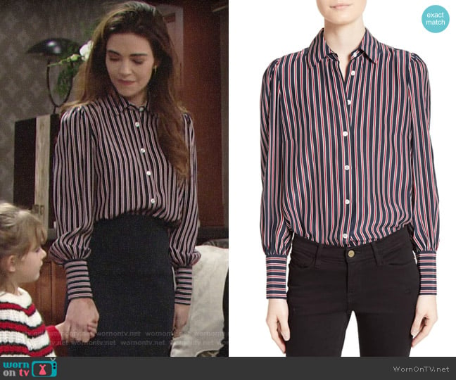 Frame Stripe Silk Blouse worn by Victoria Newman (Amelia Heinle) on The Young and the Restless