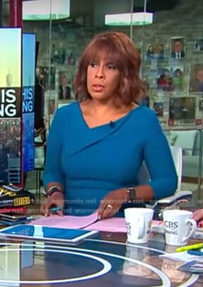 Gayle’s blue asymmetric v-neck dress on CBS This Morning