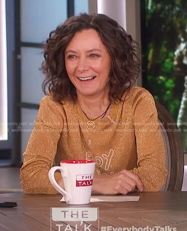 Sara’s gold glitter boy girl sweater on The Talk