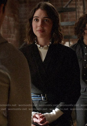 Ivy's white ruffle neck sweater and belted jacket on Once Upon a Time