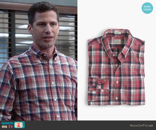 J. Crew Slim Secret Wash Shirt in Classic Red Plaid worn by Jake Peralta (Andy Samberg) on Brooklyn Nine-Nine