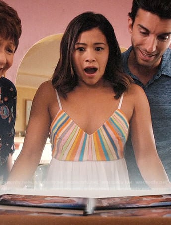 Jane's white dress with multi-colored stripes on Jane the Virgin