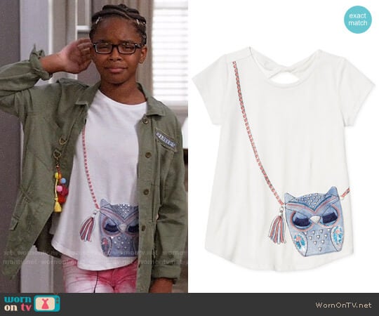 Jessica Simpson Owl Purse Pocket Keyhole T-Shirt worn by Diane Johnson (Marsai Martin) on Black-ish