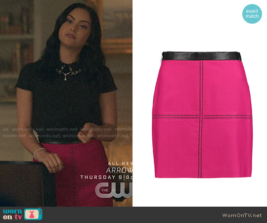 Just Cavalli Faux Leather-Trimmed Studded Twill Mini Skirt worn by Veronica Lodge (Camila Mendes) on Riverdale
