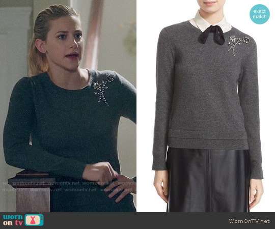 Kate Spade Embellished Brooch Sweater worn by Betty Cooper (Lili Reinhart) on Riverdale
