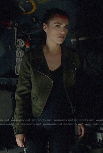 Lena’s green suede moto jacket on Supergirl