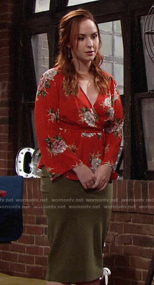 Mariah’s red floral wrap top on The Young and the Restless