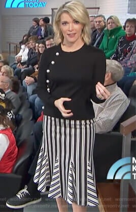 Megyn’s black pearl studded sweater and striped skirt on Megyn Kelly Today
