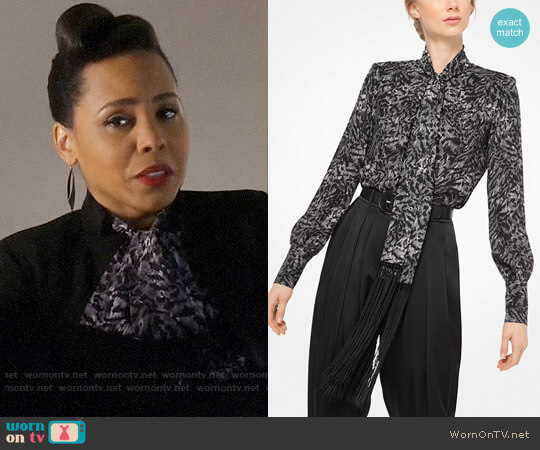 Michael Kors Fringed Tiger Silk-Georgette Scarf Blouse worn by Tegan Price (Amirah Vann) on How to Get Away with Murder