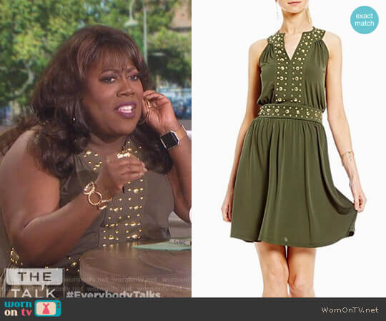 Split Neck Dome Studded Accented Band Shift Dress by MICHAEL Michael Kors worn by Sheryl Underwood on The Talk