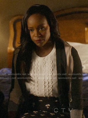 Michaela’s white top and black floral skirt on How to Get Away with Murder