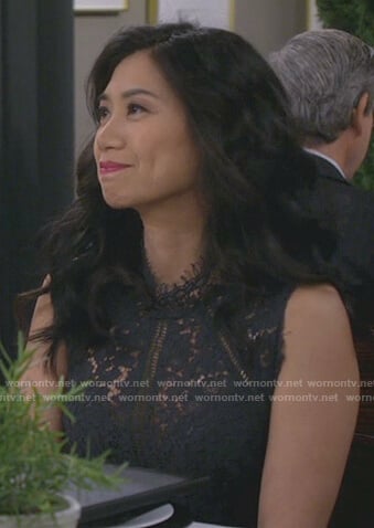 Eve’s navy floral lace dress on 9JKL