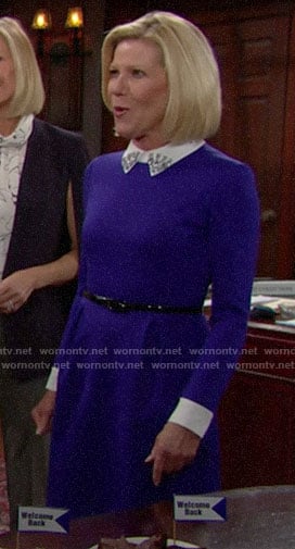 Pam's blue dress with embellished collar on The Bold and the Beautiful