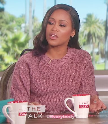 Eve’s metallic pink sweater and ribbed midi skirt on The Talk