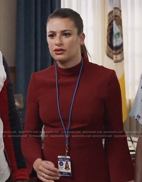 Valentina's red bell sleeve mock-neck dress on The Mayor