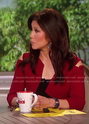 Julie’s red cold shoulder asymmetric dress on The Talk