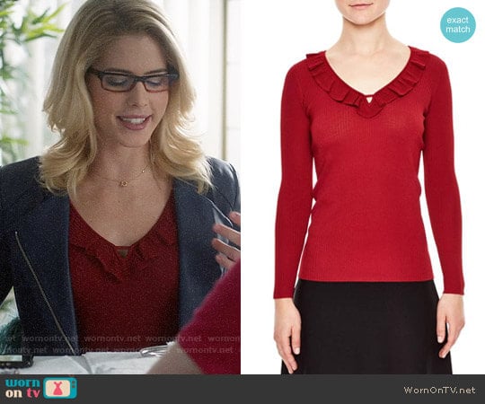 Sandro Ruffle Trim V-Neck Sweater worn by Felicity Smoak on Supergirl