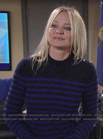 Sharon’s blue striped sweater with gold shoulder buttons on The Young and the Restless