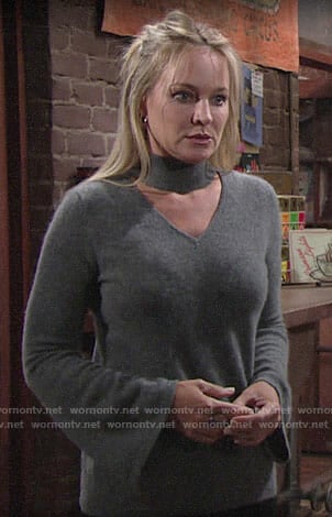 Sharon’s grey choker neck sweater on The Young and the Restless