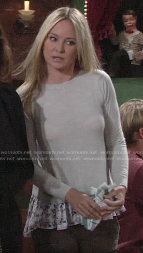 Sharon’s grey layered sweater on The Young and the Restless