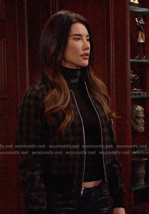 Steffy’s black leather neck top and checked bomber jacket on The Bold and the Beautiful