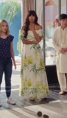 Tahani's yellow and green floral off-shoulder maxi dress on The Good Place