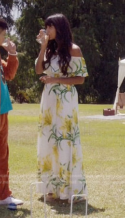 Tahani’s yellow and green floral off-shoulder maxi dress on The Good Place