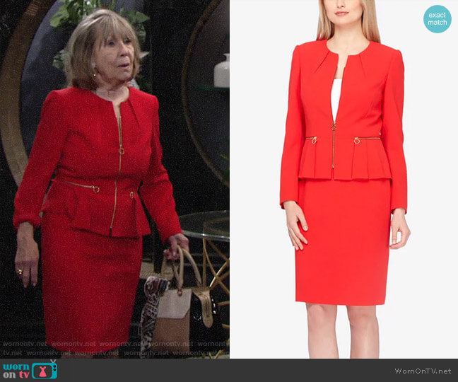 Tahari ASL Zip-Up Pleated Peplum Skirt Suit worn by Dina Mergeron (Marla Adams) on The Young and the Restless