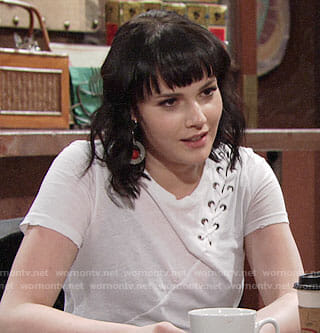 Tessa’s white tee with lace-up shoulder on The Young and the Restless