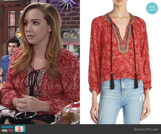 The Kooples Sunrise Embellished Silk Peasant Top worn by Mariah Copeland (Camryn Grimes) on The Young and the Restless