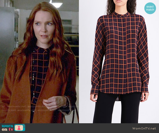 Theory Perfect dolman checked silk shirt worn by Abby Whelan (Darby Stanchfield) on Scandal