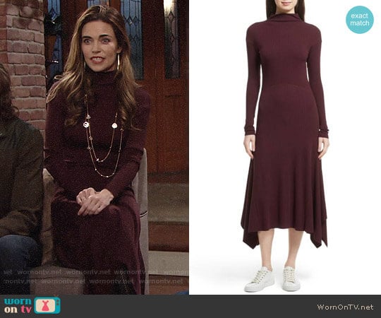 Theory Ribbed Sweater Dress by Dark Currant worn by Victoria Newman (Amelia Heinle) on The Young and the Restless