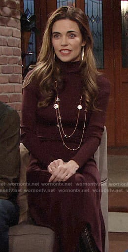 Victoria's burgundy Thanksgiving sweater dress on The Young and the Restless